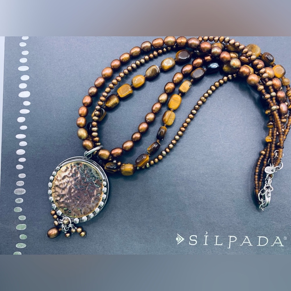 Silpada 3-Strand Sterling Brass, Bronze Pearls, Tigers Eye RARE HTF Necklace